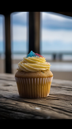 Cupcake on wooden table with sea view background. Toned.の素材