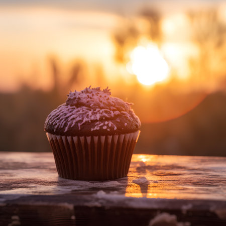 Cupcake with icing sugar on wooden table in front of sunsetの素材