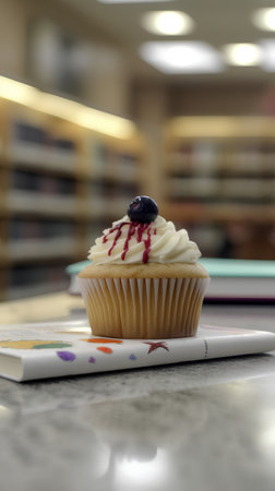 Cupcake on a table in a library. Selective focus.の素材