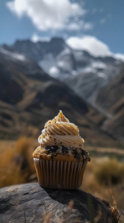 Cupcake on a stone with mountains and blue sky in backgroundの素材