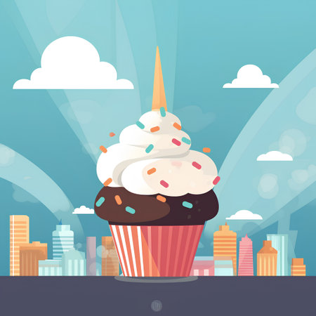 Cupcake vector illustration. Cupcake with ice cream on the background of the city.の素材