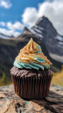 Chocolate cupcake with buttercream frosting on the background of mountainsの素材