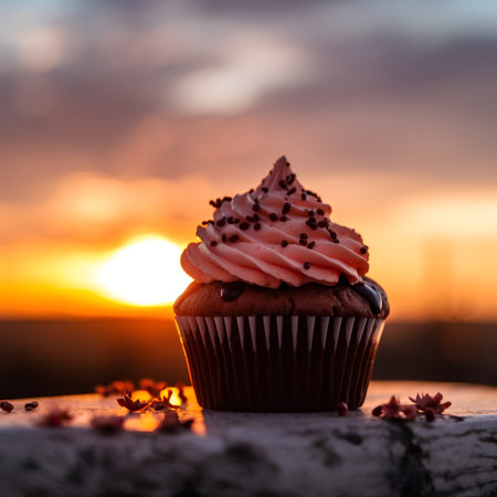 Cupcake with pink butter cream and red pepper on the background of the setting sunの素材