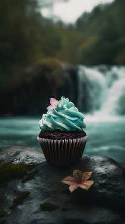 Cupcake with blue cream and flower on stone with blurred waterfall backgroundの素材