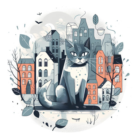 Cute cat sitting in the city. Vector illustration of a cat.の素材