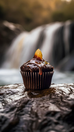 Chocolate muffin with orange on a rock in front of waterfallの素材