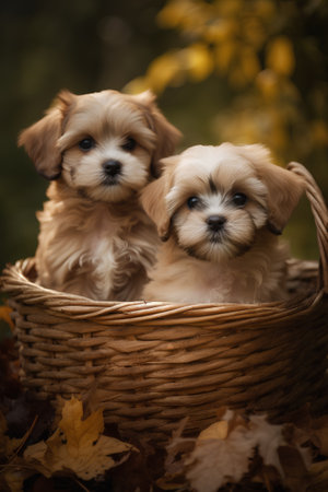 Two cute Maltese puppies in a basket on the autumn leaves backgroundの素材