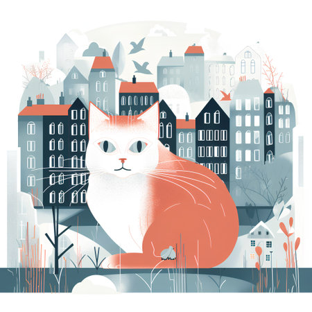 Cute cat on the background of a city. Vector illustration.の素材