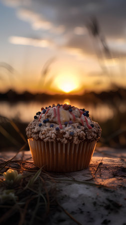 Cupcake with blueberries on the beach at sunset. Selective focus.の素材