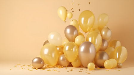 golden balloons and confetti on a yellow background. 3d renderingの素材