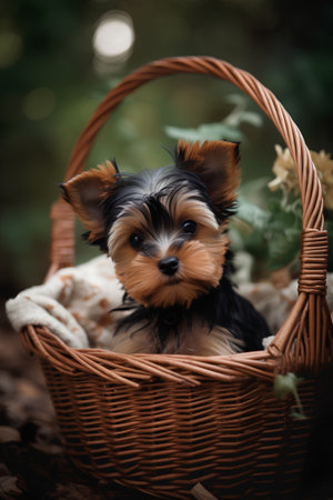 Yorkshire Terrier puppy in a basket on an autumn background.の素材