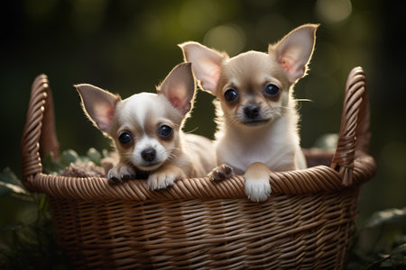 Two Chihuahua puppies in a wicker basket on a green backgroundの素材