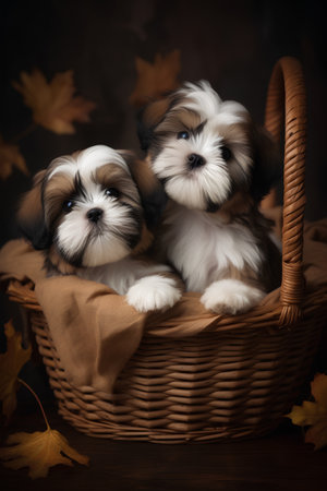 Shih Tzu puppies in a basket with autumn leaves on dark backgroundの素材