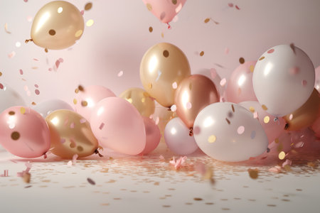 3d render of balloons with confetti and ribbons on a white backgroundの素材