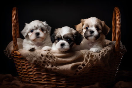 Cute Shih Tzu puppies in a basket on a black backgroundの素材