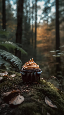 Cupcake with cream on a mossy stone in the forestの素材