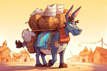 Illustration of a donkey carrying a stack of bags on the streetの素材