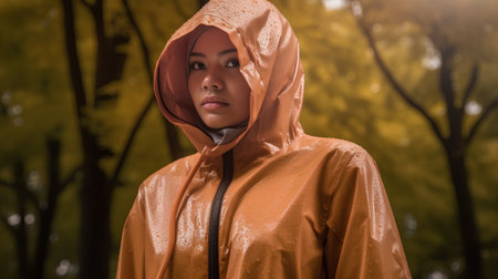 Portrait of a beautiful young asian muslim woman in yellow raincoatの素材