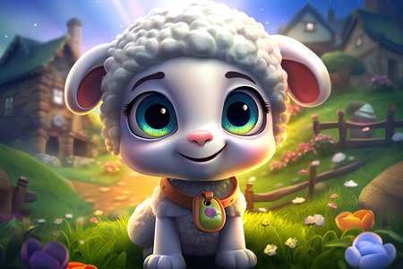 Cute cartoon sheep in the village. Vector illustration of a cute animal.の素材