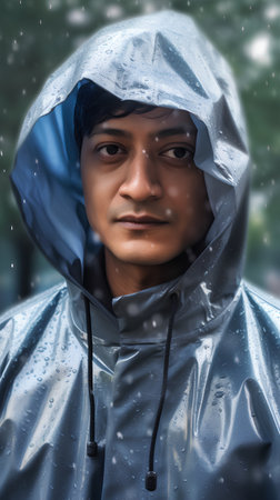 Young asian man in raincoat with hood. Rainy day.の素材