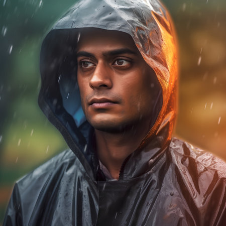 Portrait of a young man in raincoat standing in the rain.の素材