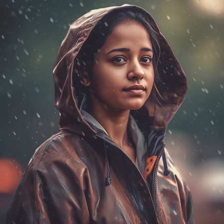 Portrait of a beautiful asian woman in raincoat looking at cameraの素材