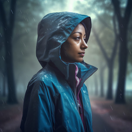 Young african american woman in raincoat looking away while standing in misty forestの素材