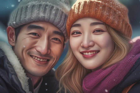 Portrait of a happy young couple in winter clothes smiling at cameraの素材