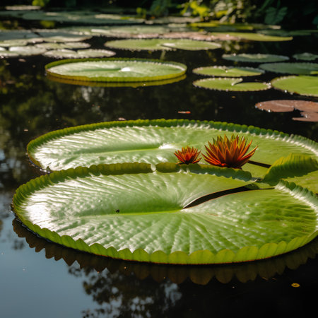 Water lily and lotus leaf on the water surface in the pondの素材