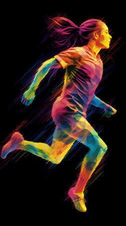 Running woman. Vector illustration of a female athlete running on a black background.の素材