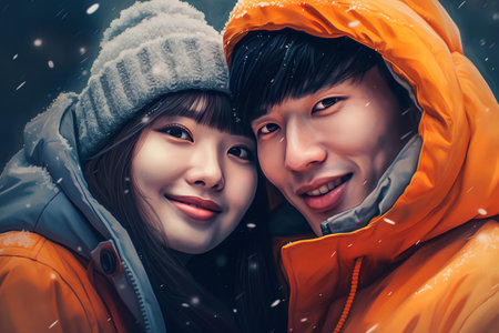Portrait of happy young asian couple in winter clothes on snowfall backgroundの素材