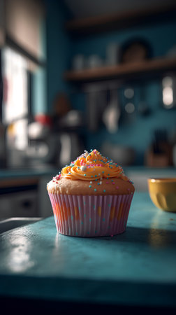 Delicious cupcake with colorful sprinkles on the table in the kitchenの素材