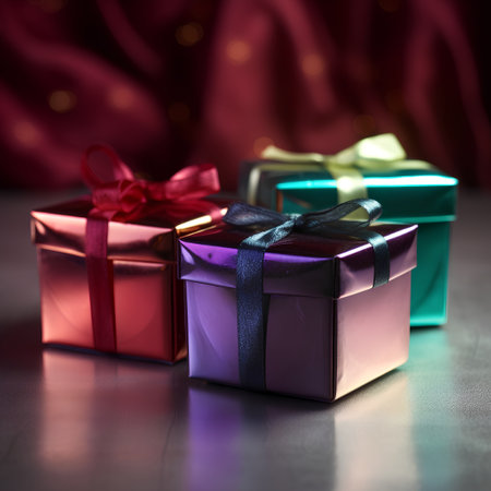 Gift boxes on a silver background with red cloth and bokehの素材
