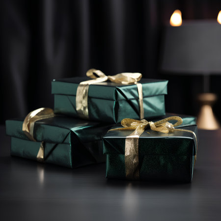 Gift boxes with gold ribbon on wooden table in front of black backgroundの素材