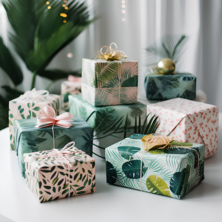 Christmas gift boxes on a white table. New Year and Christmas background.の素材