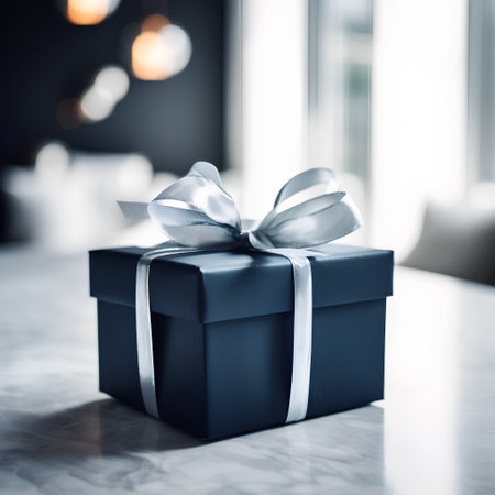 Gift box with ribbon on table in living room, closeupの素材