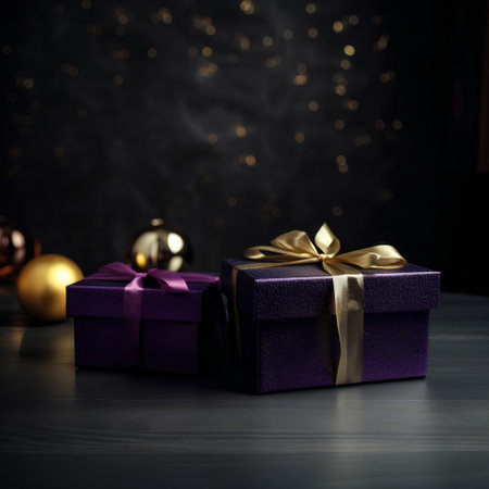 Purple gift box with golden bow and christmas balls on dark backgroundの素材