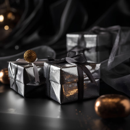 Gift boxes on black background with golden christmas balls and ribbonsの素材