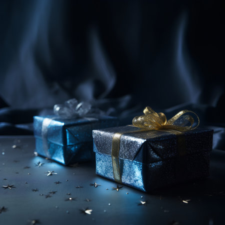 Blue gift boxes with golden bow on black background. Copy space.の素材