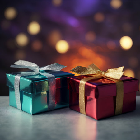 Colorful gift boxes with gold ribbon on bokeh background.の素材