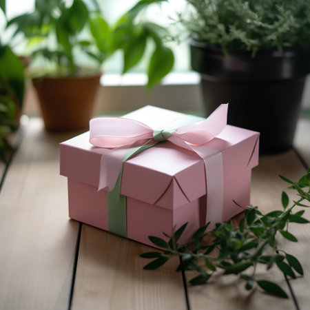 Pink gift box with pink ribbon and bow on wooden table with green plantの素材