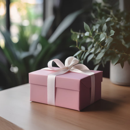Pink gift box with white ribbon on wooden table in coffee shop.の素材