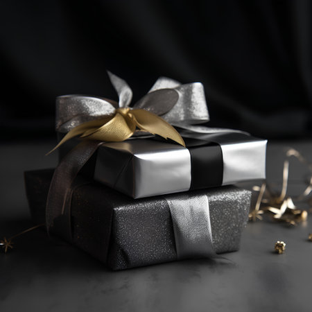 Black gift box with gold ribbon and bow on black background, copy spaceの素材