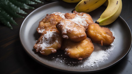 Fried banana with sugar on black plate on dark wooden background.の素材