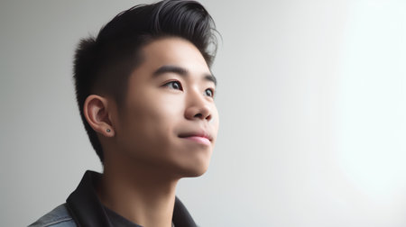 Portrait of a young asian man looking away over gray backgroundの素材