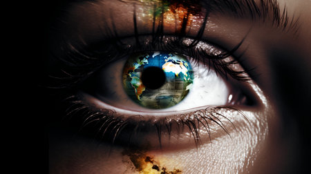 Close up of human eye with world map. Elements of this image furnished by NASAの素材