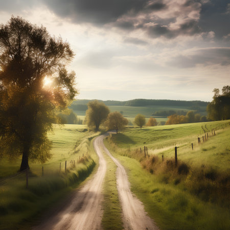Winding road in the countryside at sunset. Beautiful rural landscape.の素材