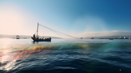 Fishing boat in the sea at sunrise, 3d render illustrationの素材