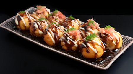 Takoyaki - japanese food on a black backgroundの素材