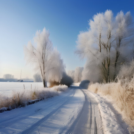 Beautiful winter landscape with road and trees covered with hoarfrostの素材
